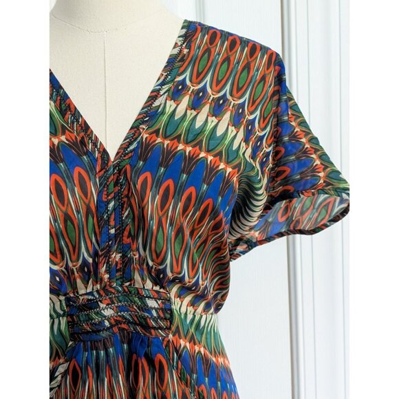 ARYN K Women’s 100% Silk Blouse Flutter Geometric Colorful Festival Aztec Sz S - Picture 3 of 11